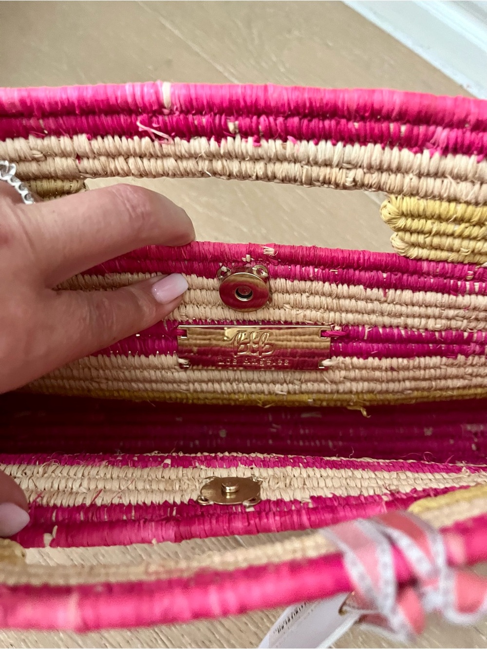BTB Los Angeles Straw Clutch with Hot Pink Stripes - Picture 3 of 4